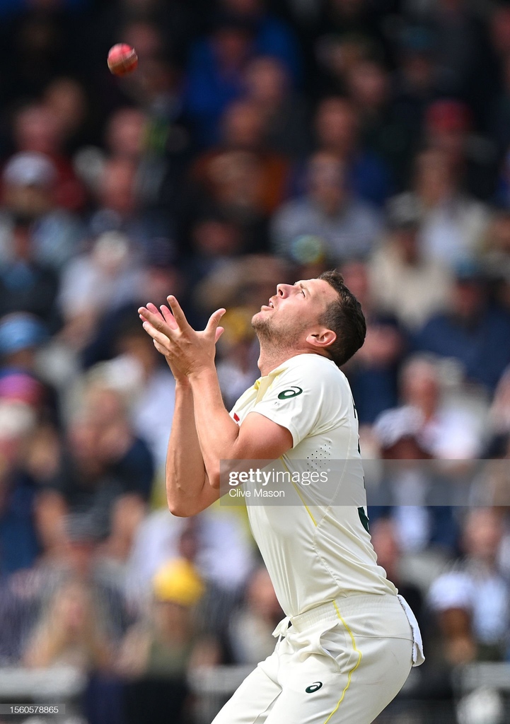 Eyes on the ball

.#JoshHazelwood of #Australia takes a catch to dismiss Stuart Broad of #England during day three of the LV=Insurance #Ashes 4th Test Match at Emirates Old Trafford in Manchester, England. I July 20, 2023 I 📷: @clivemasonphoto #GettySport #cricket
