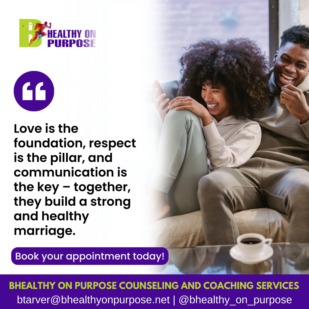 💕 Building a Strong & Healthy Marriage! 
🗝️ At Bhealthy on Purpose, we're here to support and guide you on your journey towards a flourishing relationship.

Book Your Appointment Today !
Visit us at: bhealthyonpurpose.net

#bhealthyonpurpose #wellnesscoach #healthandwellness