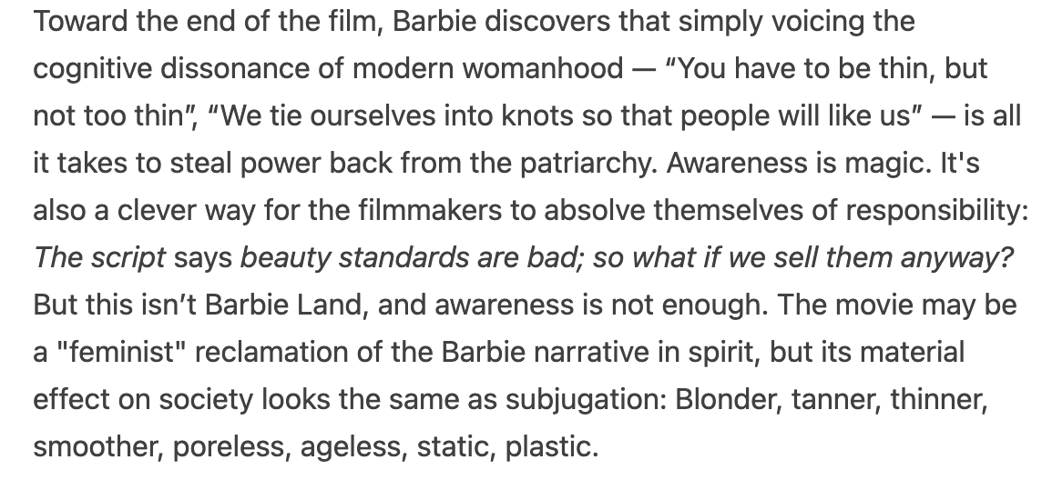 Jessica DeFino on BARBIE, beauty culture, 'awareness' and 'empowerment' jessicadefino.substack.com/p/barbie-movie…