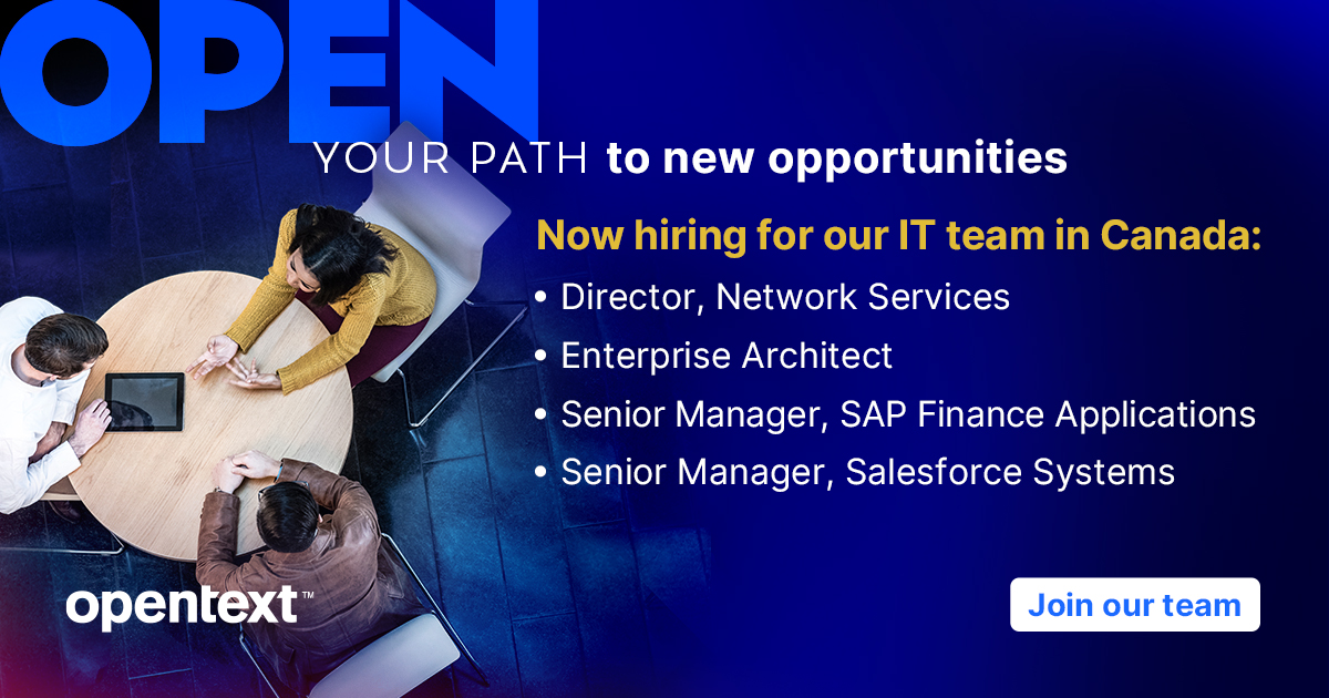 OpenText's tweet photo. We are currently seeking passionate and driven individuals with a diverse range of skills and expertise to fill various roles within our Information Technology division in Canada.  Explore our open positions and apply today: https://t.co/IVwA3vxEAx https://t.co/hUgLXIOhYz