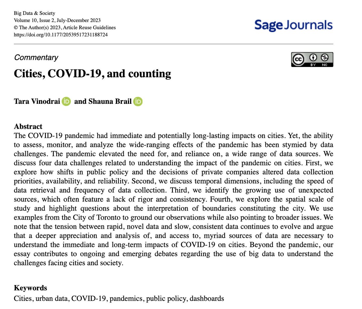 Big Data & Society (@bigdatasoc) on Twitter photo 🚨 ⚡ New commentary! In "Cities, COVID-19, and counting" <a href="/TaraVinodrai/">Tara Vinodrai</a> & <a href="/shaunabrail/">Shauna Brail</a> (<a href="/IMIUofT/">Institute for Management & Innovation (IMI) 🇨🇦</a>) "discuss four data challenges related to understanding the impact of the pandemic on #cities".
#urbandata #COVID19 #publicpolicy #dashboards
Check it out! ▶️ buff.ly/46Yxx4b 🚨 ⚡ New commentary! In "Cities, COVID-19, and counting" <a href="/TaraVinodrai/">Tara Vinodrai</a> & <a href="/shaunabrail/">Shauna Brail</a> (<a href="/IMIUofT/">Institute for Management & Innovation (IMI) 🇨🇦</a>) "discuss four data challenges related to understanding the impact of the pandemic on #cities".
#urbandata #COVID19 #publicpolicy #dashboards
Check it out! ▶️ buff.ly/46Yxx4b