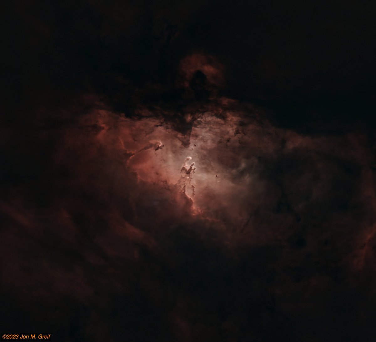 This is the Eagle Nebula located in the constellation Serpens. It lies 5700 light years from Earth. I've removed the stars to enhance the detail, particularly in the center of the nebula, the area made famous by the Hubble Space Telescope as the Pillars of Creation