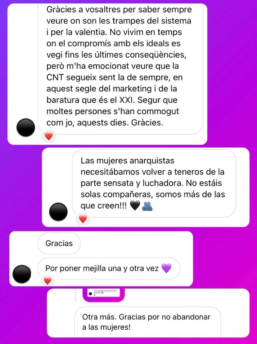 CNT_Barcelona's tweet photo. Desde el pasado sábado no dejan de llegarnos mensajes desde diferentes localidades 🖤

Una pequeña muestra de muchos 👇 https://t.co/zlSuNAClws