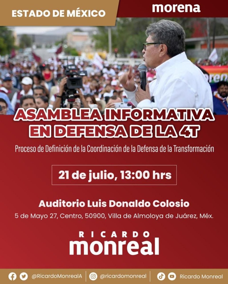Proyecto24_AC's tweet photo. 📢 ¡Todos invitados a la Asamblea Informativa con el @RicardoMonrealA en defensa de la #4T! 🇲🇽 

💥 ¡Tendremos #COMIDA! 🍽️ 

🗓️ #HOY Viernes 21 de julio
⏰ 1:00 PM 
📍Auditorio Luis Donaldo Colosio, Almoloya de Juárez 
🔗 https://t.co/R3CFmm5JoA
 
#EdoMex
#Monreal #CMonrealista https://t.co/AbmllcHUmV