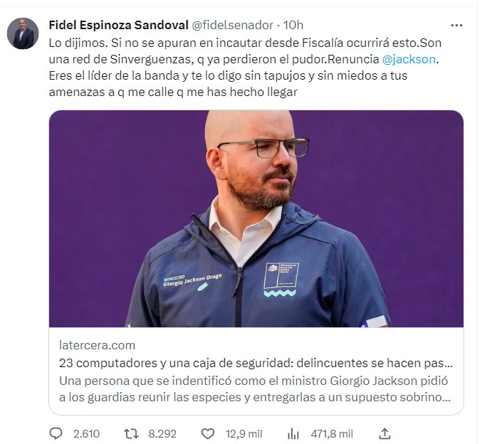 FaroPenalolen's tweet photo. El @PSChile debe responder por las gravísimas acusaciones del senador Fidel Espinoza contra el ministro @GiorgioJackson y si tiene antecedentes colocarlos en manos de la fiscalía. Acusar de delitos sin pruebas no puede ser gratis penal y políticamente. https://t.co/ScnWJ3A3sS