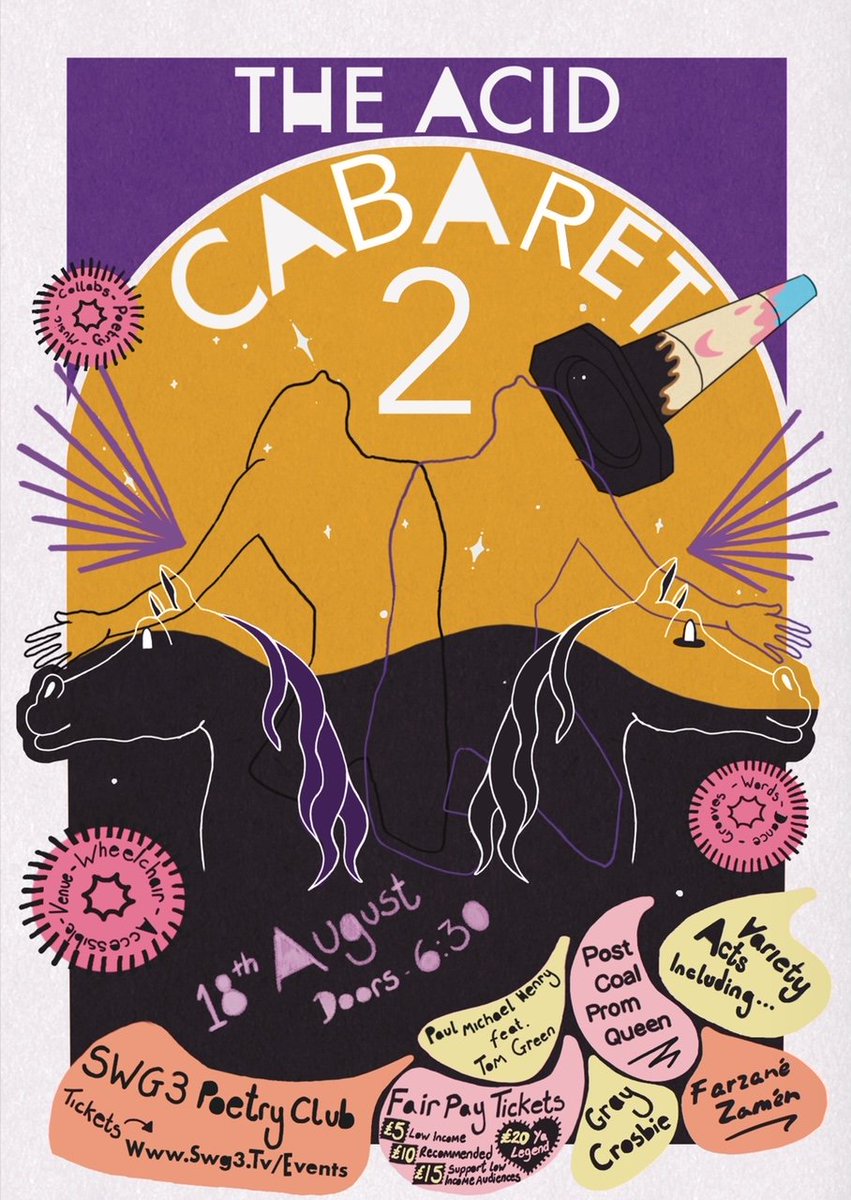 stephendurkan's tweet photo. The Acid Cabaret is back!!

Join us on August 18th at @SWG3glasgow Poetry Club for an enthralling genre-smash of music, dance and poetry!

Featuring: @pcpqmusic @GrayCrosbie @pmichaelhenry @FarzaneZamen https://t.co/CMalsjweaX