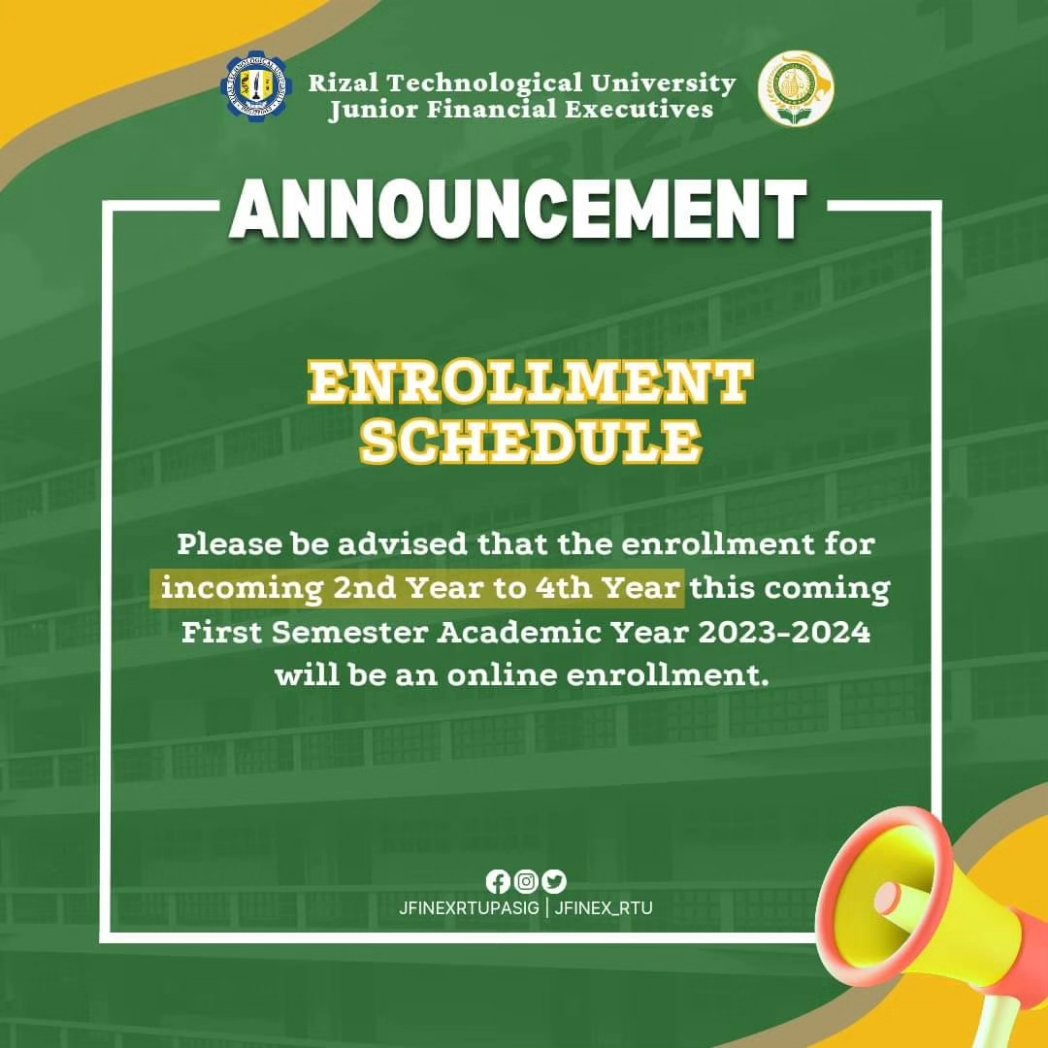 JFINEX_RTU's tweet photo. 𝐄𝐘𝐄𝐒 𝐇𝐄𝐑𝐄, 𝐅𝐈𝐍𝐀𝐍𝐂𝐈𝐀𝐋𝐈𝐒𝐓𝐀𝐒!

Please be advised that the enrollment for 𝙞𝙣𝙘𝙤𝙢𝙞𝙣𝙜 2𝙣𝙙 𝙔𝙚𝙖𝙧 𝙩𝙤 4𝙩𝙝 𝙔𝙚𝙖𝙧 𝙧𝙚𝙜𝙪𝙡𝙖𝙧 𝙨𝙩𝙪𝙙𝙚𝙣𝙩𝙨 this coming First Semester A.Y. 2023-2024 will be an 𝙤𝙣𝙡𝙞𝙣𝙚 𝙚𝙣𝙧𝙤𝙡𝙡𝙢𝙚𝙣𝙩. https://t.co/IAADkUxxQh