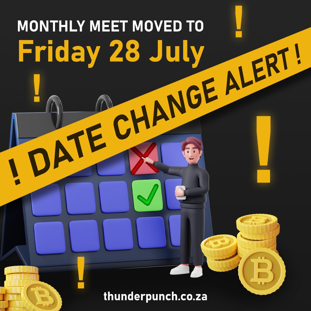 ThunderpunchSA's tweet photo. ⏰DATE CHANGE ALERT⏰

Our education event will now be on Friday, July 28th, at 18:30, at Dainfern Golf Estate Country Club. We're excited to explore the power of #Bitcoin and #LightningNetwork with you. Same great experience, new date! 

Visit https://t.co/EnIeignOKb for more! https://t.co/jRSgQyaCsl