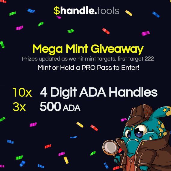 HandleTools's tweet image. Just under 10 days to go until our glorious PRO Pass mint closes forevermore 🥹 To help get passes out into the world we are running a Mega Mint Giveaway! 💝

First target is 222 passes. Once we hit this target we will take a snapshot and all holders of PRO passes at that time…