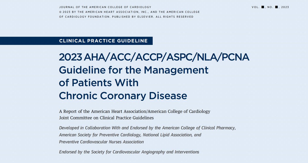 NUEVA 2023 GUÍA DE MANEJO EN ENFERMEDAD CORONARIA CRONICA
Vía <a href="/JACCJournals/">JACC Journals</a> 
Pequeño hilo 🧵con aspectos relevantes de la guía

jacc.org/doi/10.1016/j.…