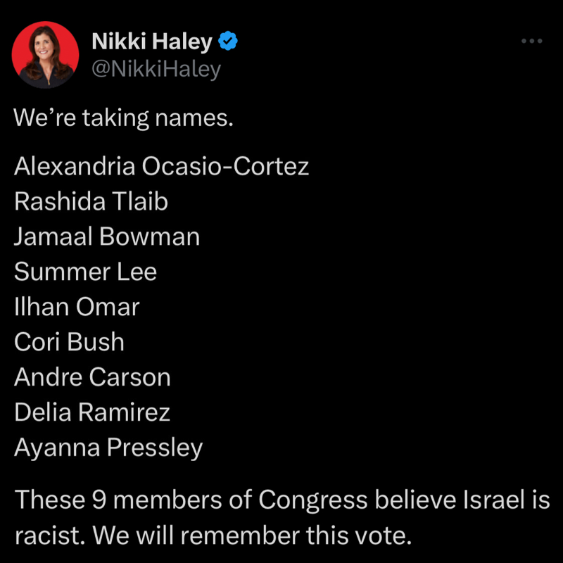 IlhanMN's tweet photo. Republicans are afraid of us because we’re standing up for human rights in Congress. I won't back down now. Can you chip in to support our movement?