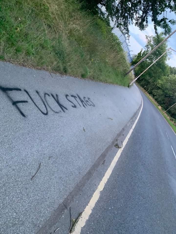 away_ends's tweet photo. Notts County Went To Mansfield Town Stadium (Yesterday) &amp; Put F*ck Stags On Walls + Roads ⚫️⚪️...

(#)- #Notts | #Stags | #NFFC https://t.co/YzCkTRAFYS