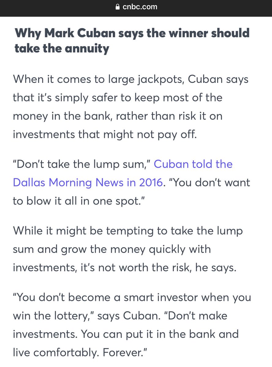 So I won the billion dollar powerball, and I’m not sure whether to take the lump sum or the 30 year annuity. What do you think? Mark Cuban says take the annuity so I don’t spend it all. https://t.co/i2pSvr42E0