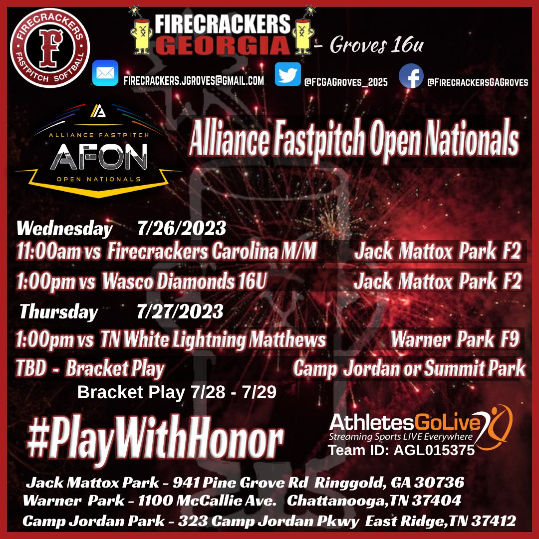 Our last tournament of the summer season! Looking forward to seeing these #Firecrackers compete one more time before they go off for HS ball! AFON, here we come!!! 🧨🧨💥#PlayWithHonor #FCGeorgia
 <a href="/FirecrackersGe1/">Firecrackers Georgia</a> <a href="/Firecrackersinc/">Firecracker Softball</a> <a href="/thealliancefp/">The Alliance Fastpitch</a> <a href="/Los_Stuff/">Carlos Arias</a>