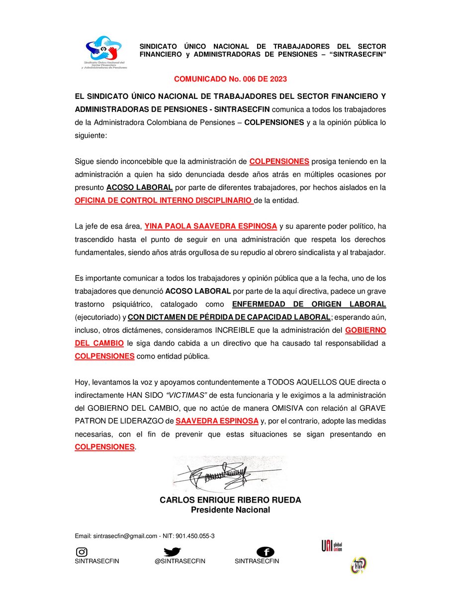 SintraSecFin's tweet photo. 📢Es inconcebible que la admon de @Colpensiones prosiga teniendo a quien ha sido denunciada desde años atrás en múltiples ocasiones por presunto #acosolaboral.
@dussanja
@MintrabajoCol
#congresistascolisiónséptima
@PGN_COL
#NoMásAcoso
#sintrasecfinesparati❤️ https://t.co/i6GzVLLypC