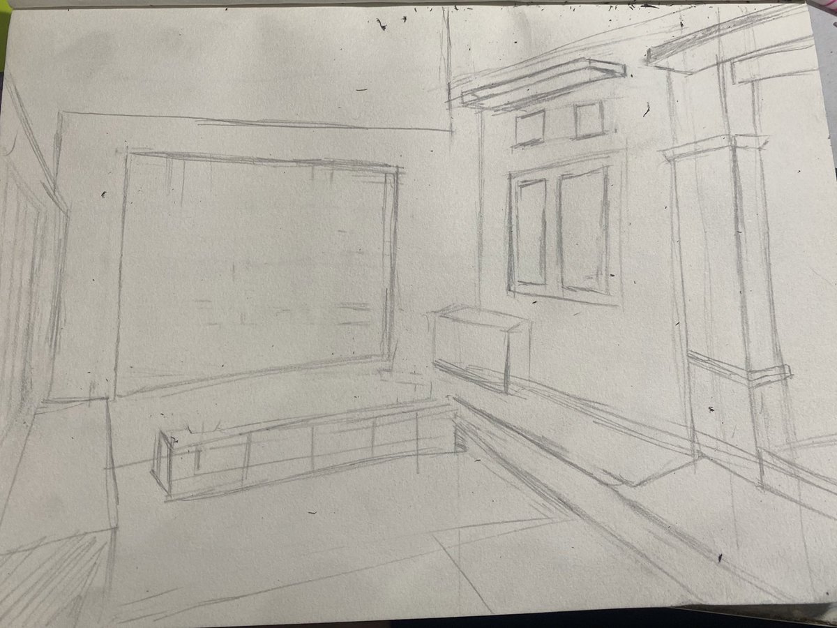 abis sketch teras rumahku, first time gambar berbau arsitektur! n nekat ga pake penggaris, emg masih brantakan bgt, perspektifnya juga masi kacau.. ahh beda banget sm gambar2 biasa, detailnya bener2 hrs diperhatiin😔tp seru WKWK