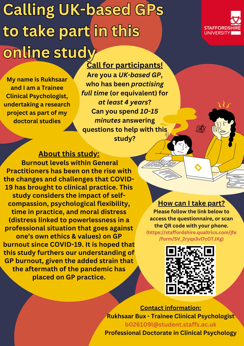 CALL FOR PARTICIPANTS - UK-BASED GPs Please follow the link: staffordshire.qualtrics.com/jfe/form/SV_2r… Please share if possible :) #gp #primarycare #teamGP #GPForwardView #generalpractice #primarycarenetworks #weareprimarycare #generalpractitioner #BURNOUTSYNDROMES