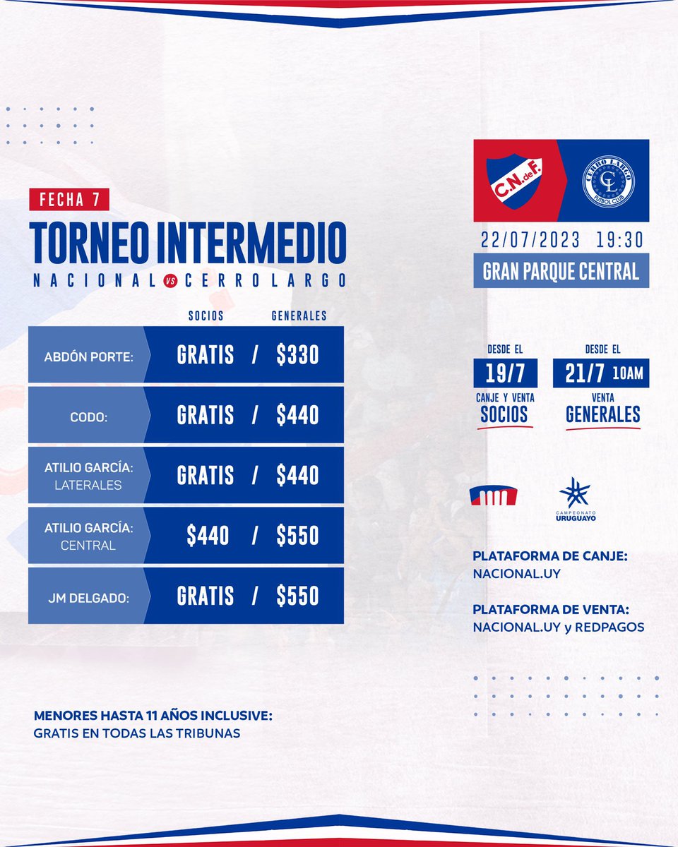 🎟 Continúa la venta y canje de entradas para el partido 🆚 Cerro Largo en el Gran Parque Central 🏟️🔜

➡️ Adquirí la tuya en bit.ly/NacionalVsCerr… o locales RedPagos.

#ElClubGigante 🔵⚪️🔴