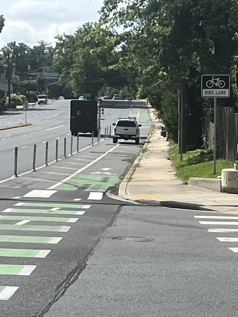 larryasoler's tweet photo. Unfortunately, illegal use of the Old Georgetown Road bike lanes as parking spaces is  more and more frequent.  I've called the police several times but they take awhile to come out and the trucks are gone by then.  @MontgomeryCoMD @mcpnews  @mkorman @Andrew_Friedson @waba https://t.co/jMDCMu6ILa