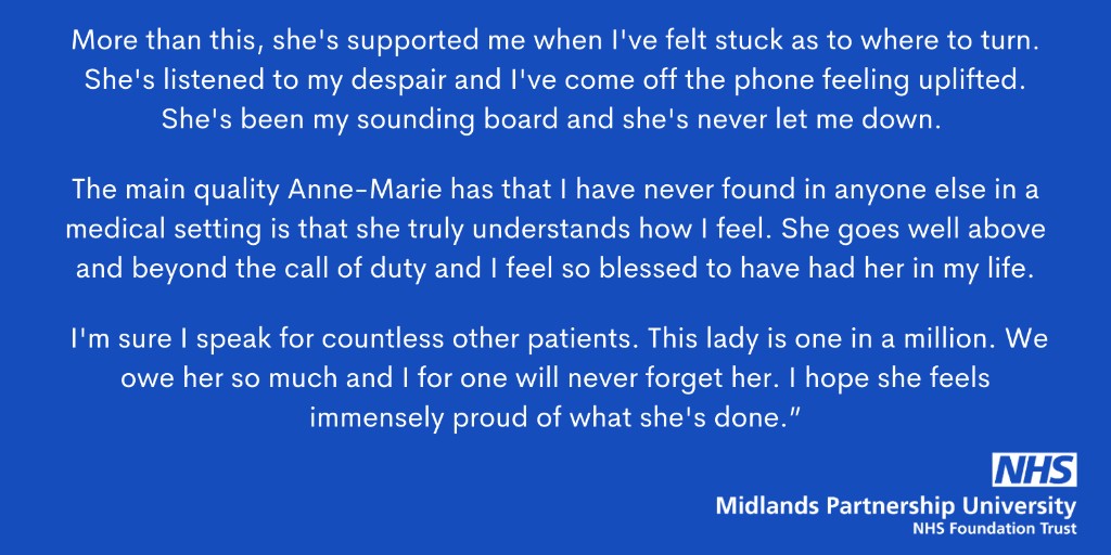 mpftnhs's tweet photo. #feedbackfriday is for Occupational Therapist Anne-Marie Wheat with the Chronic Fatigue Syndrome (CFS) Service, a small multidisciplinary team based in the Physical Health Psychology Service at Cannock Chase Hospital. Great feedback! 👏 #MakingLifeBetterForOurCommunities 💙 https://t.co/TPPnXWUhqj