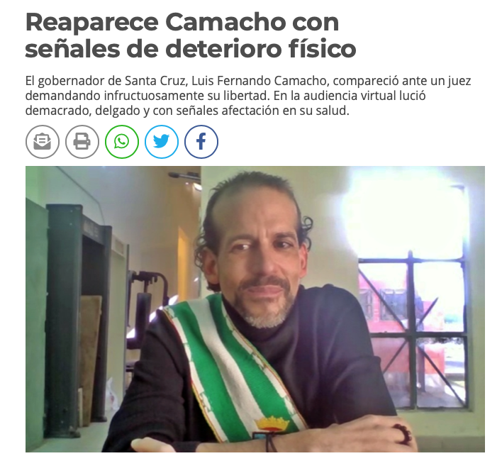 JeanineAnez's tweet photo. Hubo fraude y el autor está impune. Abandonó Presidencia, gestó vacío de poder y huyó del país, sigue impune. El pueblo evitó su reelección indefinida prohibida por CPE pero secuestraron y torturan a gob. @LuisFerCamachoV. Y luego dicen que no hay presos políticos.
#MASDictadura https://t.co/OPrUlwQMqX
