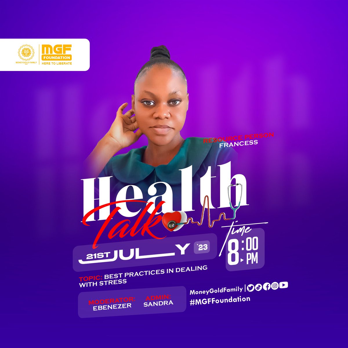 MGFFoundationGH's tweet photo. Francess joins us tonight on our #HealthTalk program as a resource to present on the topic: “Best Practices In Dealing With Stress”. 

The MGF Foundation is a membership based NGO extending a lasting help to humanity on daily bases.
Use any of our available page contacts to…1/2 https://t.co/0lKFIxt7bO