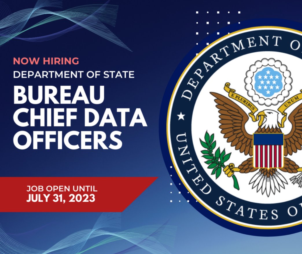 .@StateDept is seeking #DataLeaders to join us as Bureau Chief Data Officers! Want to play a key role in modernizing American diplomacy? Learn more:
🔗 Public: usajobs.gov/job/737652100
🔗 Existing Employees: usajobs.gov/job/737651600