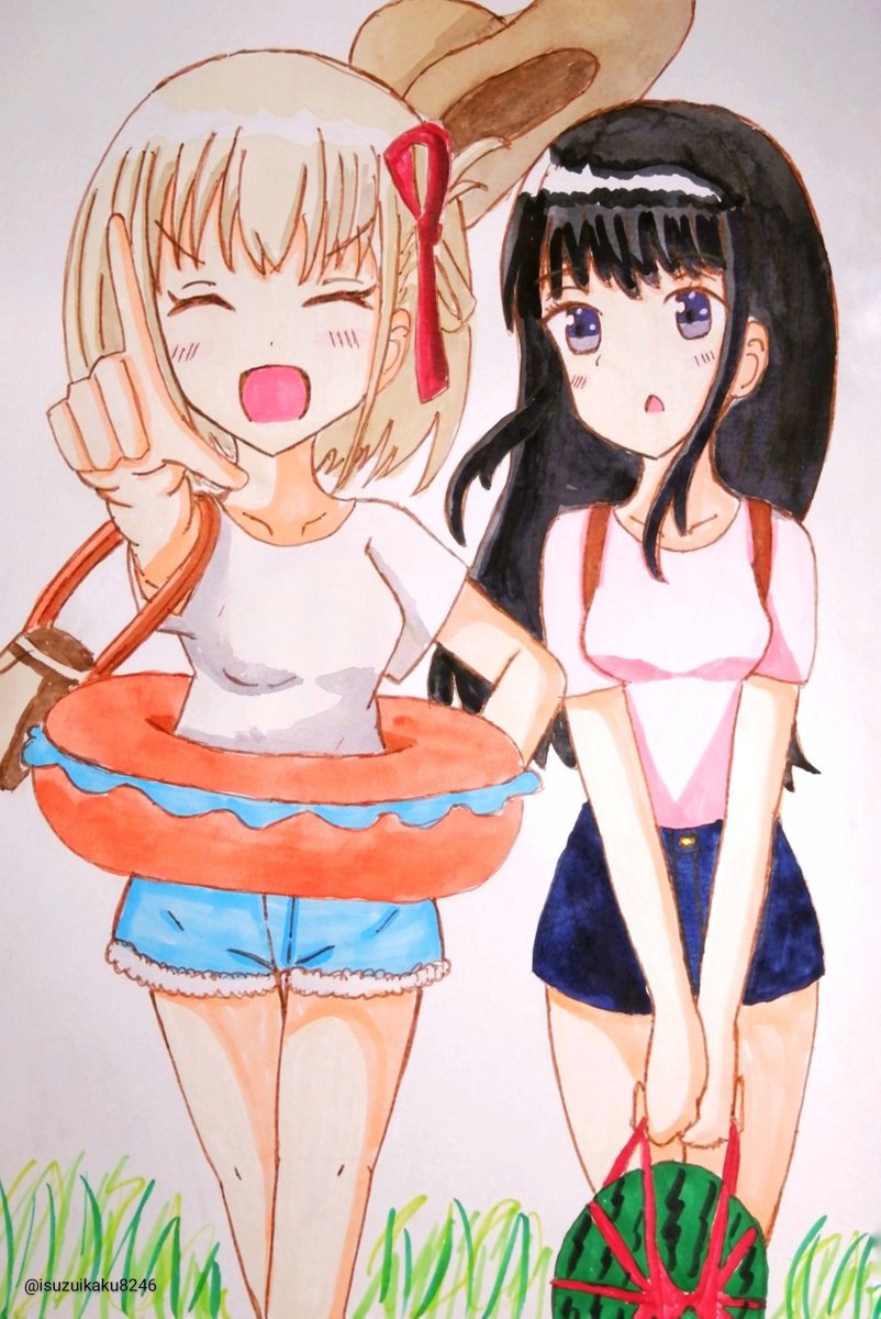 inoue takina ,nishikigi chisato multiple girls watermelon 2girls black hair fruit food shorts  illustration images