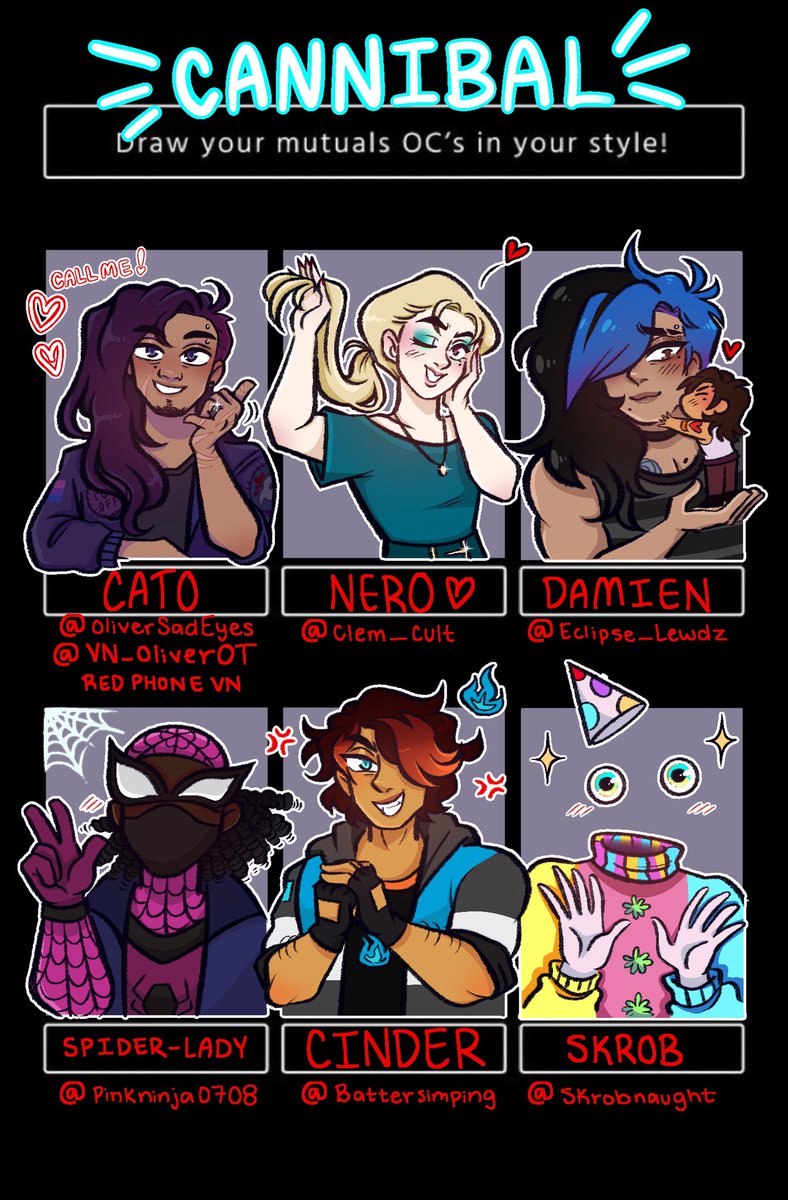 Cannibalingus's tweet image. Done!! ✨ It is so wonderful to draw my moots OC’s, Ya’ll have such wonderful and creative character designs I had SO MUCH FUN!! Thank you everyone for your suggestions!

I’m gonna tag moots below! if you want the close up of your character DM me