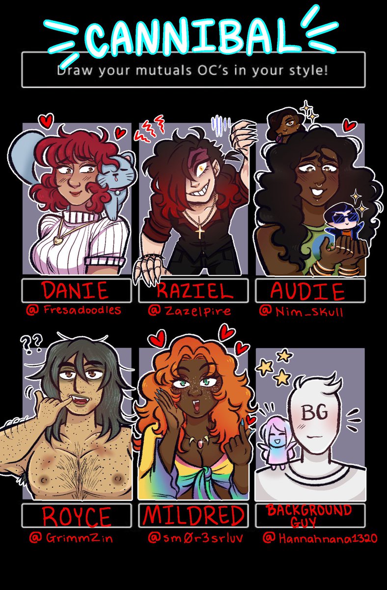 Cannibalingus's tweet image. Done!! ✨ It is so wonderful to draw my moots OC’s, Ya’ll have such wonderful and creative character designs I had SO MUCH FUN!! Thank you everyone for your suggestions!

I’m gonna tag moots below! if you want the close up of your character DM me