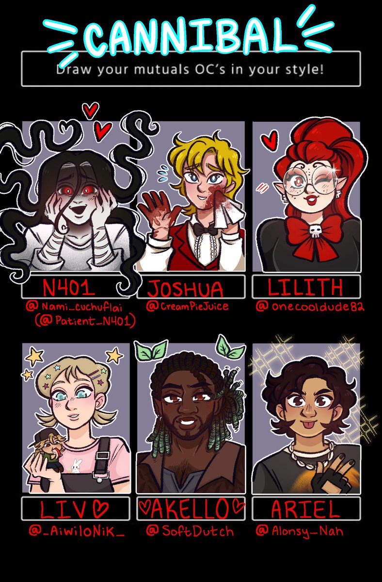 Cannibalingus's tweet image. Done!! ✨ It is so wonderful to draw my moots OC’s, Ya’ll have such wonderful and creative character designs I had SO MUCH FUN!! Thank you everyone for your suggestions!

I’m gonna tag moots below! if you want the close up of your character DM me