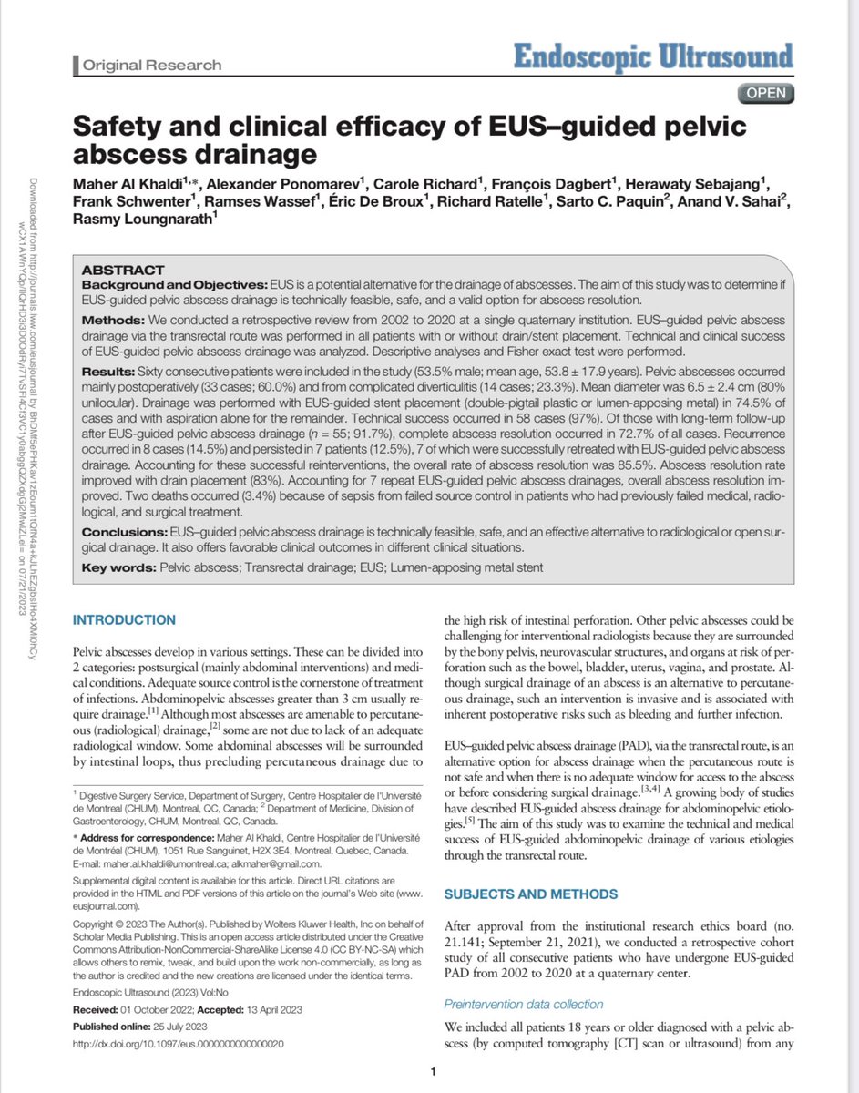 Ever had an interventional radiologist tell you that a pelvic abscess is not amenable to percutaneous drainage? Check out our <a href="/chumontreal/">CHUM</a> experience describing EUS-guided pelvic abscess drainage. <a href="/AnandSahaiEUS/">Anand Sahai</a> <a href="/ChirGenUdeM/">ChirGénUdeM</a> 
journals.lww.com/eusjournal/Ful…