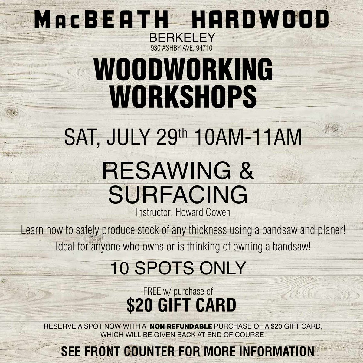 MacBeathHrdwood's tweet photo. UPCOMING EVENT:
Join MacBeath in Berkeley on Saturday 7/29 for another Woodworking Workshop!
Learn how to safely produce stock of any thickness using a bandsaw and a planer!
-
-
-
-
-
#woodworkingworkshop #woodworking #resaw #bandsaw #diy #macbeath #hardwood https://t.co/2OOR6h1wgg