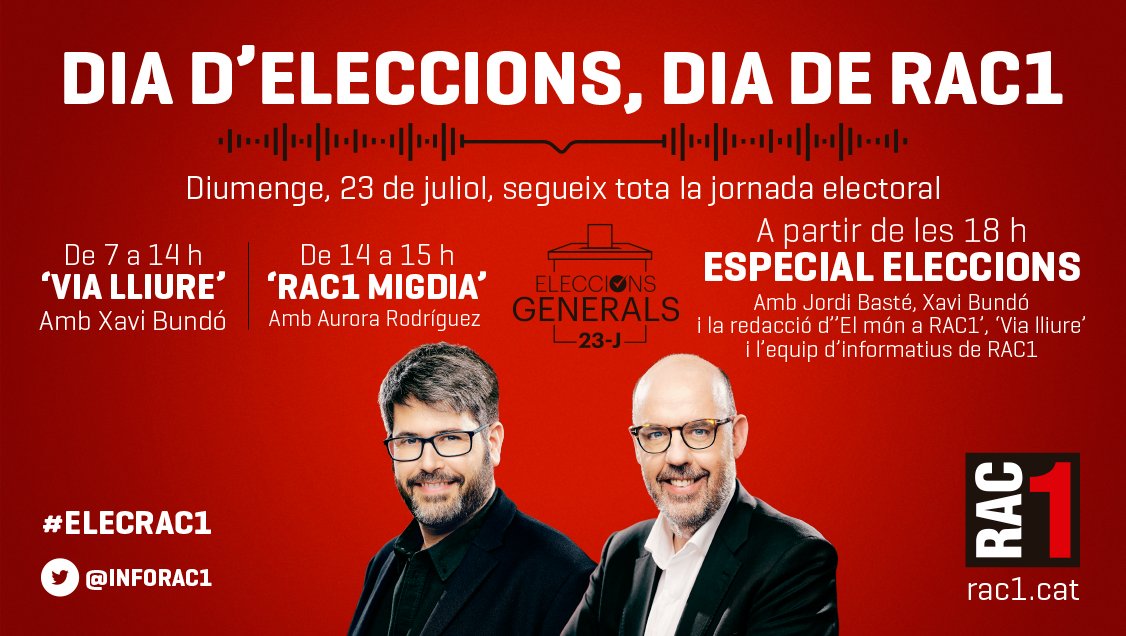 🗳️Demà ESPECIAL ELECCIONS de la mà de <a href="/jordibaste/">Jordi Basté</a>, <a href="/xbundo/">Xavi Bundó</a> i <a href="/aurorarodgon/">Aurora Rodríguez</a>. Segueix tota la jornada electoral des de les 7 h del matí.