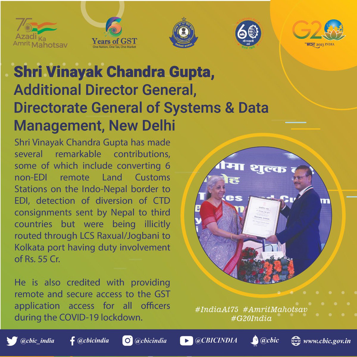 <a href="/dgovcbic/">Directorate General of Vigilance CBIC</a> <a href="/nsitharamanoffc/">Nirmala Sitharaman Office</a> <a href="/FinMinIndia/">Ministry of Finance</a> <a href="/PIB_Guwahati/">PIB in Assam</a> <a href="/officeofPCM/">Office of Pankaj Chaudhary</a> Know about Awardee!

Shri Vinayak Chandra Gupta, ADG DG Systems. 

#CBICInvestiture