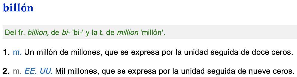 Pabloria's tweet photo. @RAEinforma: ¿Cómo es posible que una palabra que refiere a un número tenga dos definiciones?
Si digo millón está claro lo que es, pero si digo billón la RAE no lo deja claro.  

#dudaRAE https://t.co/HsPqCl9sVm