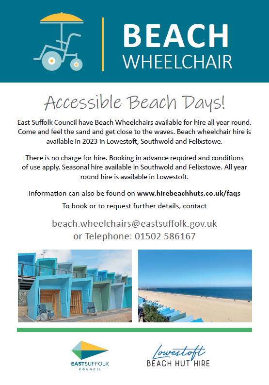 FelixstoweTC's tweet photo. Information about East Suffolk Council's Accessible Beach Wheelchair, available for hire, can be found on the flyer below: https://t.co/xZVHp2vMy9