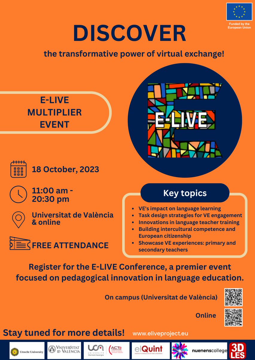 jauregi's tweet photo. 🌟 Save the Date: E-LIVE Project's Multiplier Event
Join us in Valencia or Online on 18th Oct 2023 for an enriching and innovative approach to language education and cultural diversity!
Stay tuned for updates! #eliveproject #InterculturalLanguageEducation #VirtualExchange https://t.co/bAgdg7CxlG