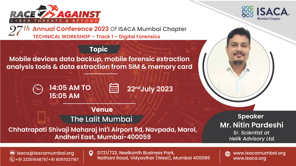 ISACA_Mumbai's tweet image. We are pleased to have Mr. Nitin Pardeshi- Sr. Scientist at Helik Advisory Ltd. as a Speaker for the 27th Annual Conference 2023 at the ISACA Mumbai Chapter. 

#isaca #mumbaichapter #cism #cisa #crisc #cgeit #cdpse #cybersecurity #informationsystems #cybersecurityawareness