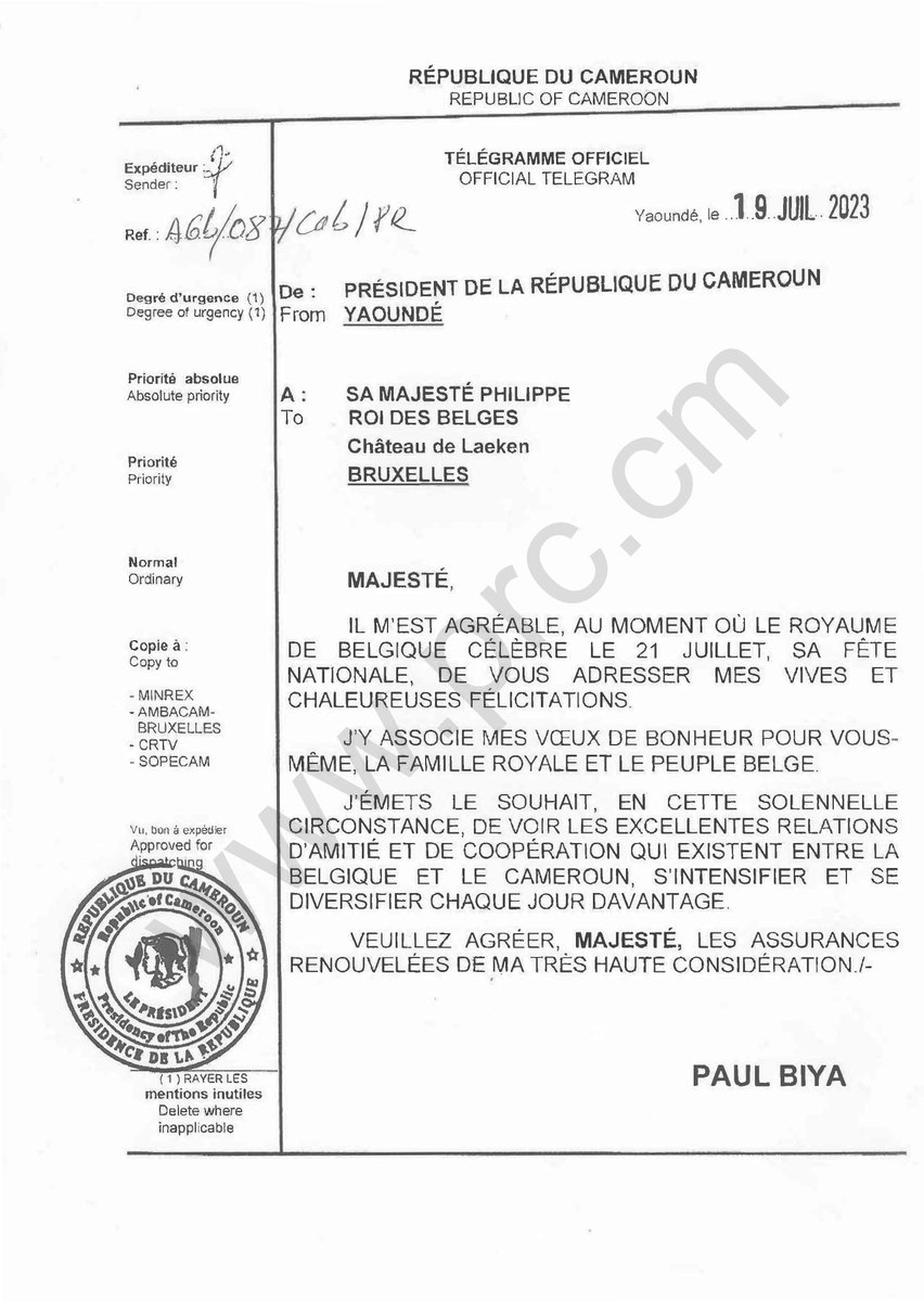 🇨🇲🇧🇪
Son Excellence Paul Biya adresse ses vives et chaleureuses félicitations à Sa Majesté Philippe, à l'occasion de la célébration de la fête nationale du Royaume de Belgique, le 21 juillet 2023.
#PaulBiya
#Cameroun