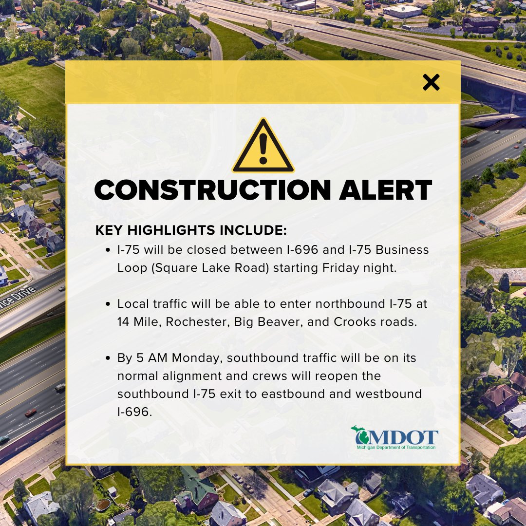 City of Troy (@citytroymi) on Twitter photo CONSTRUCTION ALERT: <a href="/MichiganDOT/">Michigan DOT</a> will be doing work in the Troy area this weekend.
See the media release here: rb.gy/51oy6 CONSTRUCTION ALERT: <a href="/MichiganDOT/">Michigan DOT</a> will be doing work in the Troy area this weekend.
See the media release here: rb.gy/51oy6