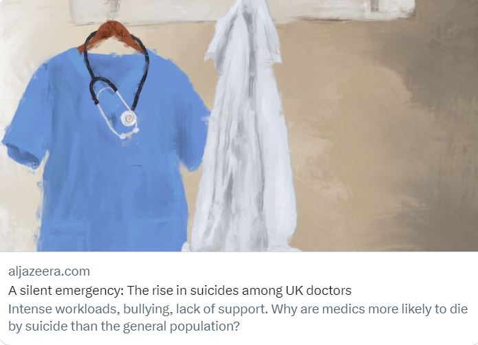 Doctors In Distress (@doctorsdistress) on Twitter photo This powerful article by <a href="/OngAmandas/">Amandas Ong</a> for <a href="/AJEnglish/">Al Jazeera English</a> highlights the alarming rise in suicide among UK doctors. She drives home the importance of understanding the struggles faced by our medical community and the toll it takes on individuals and their families. Doctors in Distress This powerful article by <a href="/OngAmandas/">Amandas Ong</a> for <a href="/AJEnglish/">Al Jazeera English</a> highlights the alarming rise in suicide among UK doctors. She drives home the importance of understanding the struggles faced by our medical community and the toll it takes on individuals and their families. Doctors in Distress