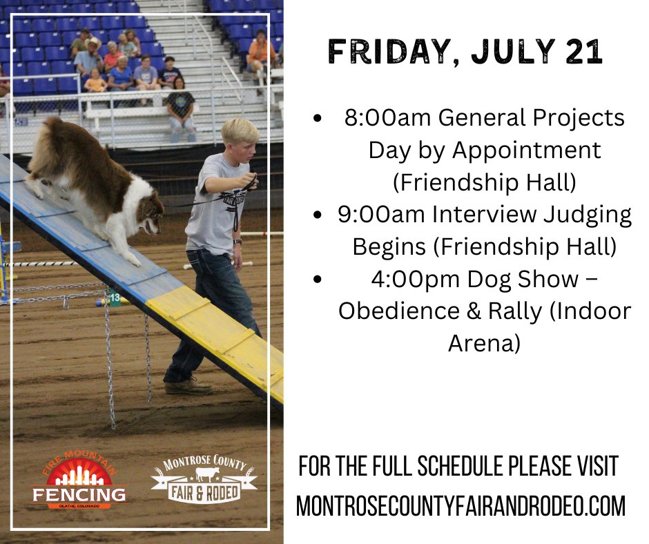 MCEventCenter's tweet photo. Friday, July 21 8:00am General Projects Day by Appointment (Friendship Hall) 9:00am Interview Judging Begins (Friendship Hall) 4:00pm Dog Show – Obedience &amp; Rally (Indoor Arena) For the full schedule please visit https://t.co/JbGgrR1CX5 https://t.co/xorH6cJ51s