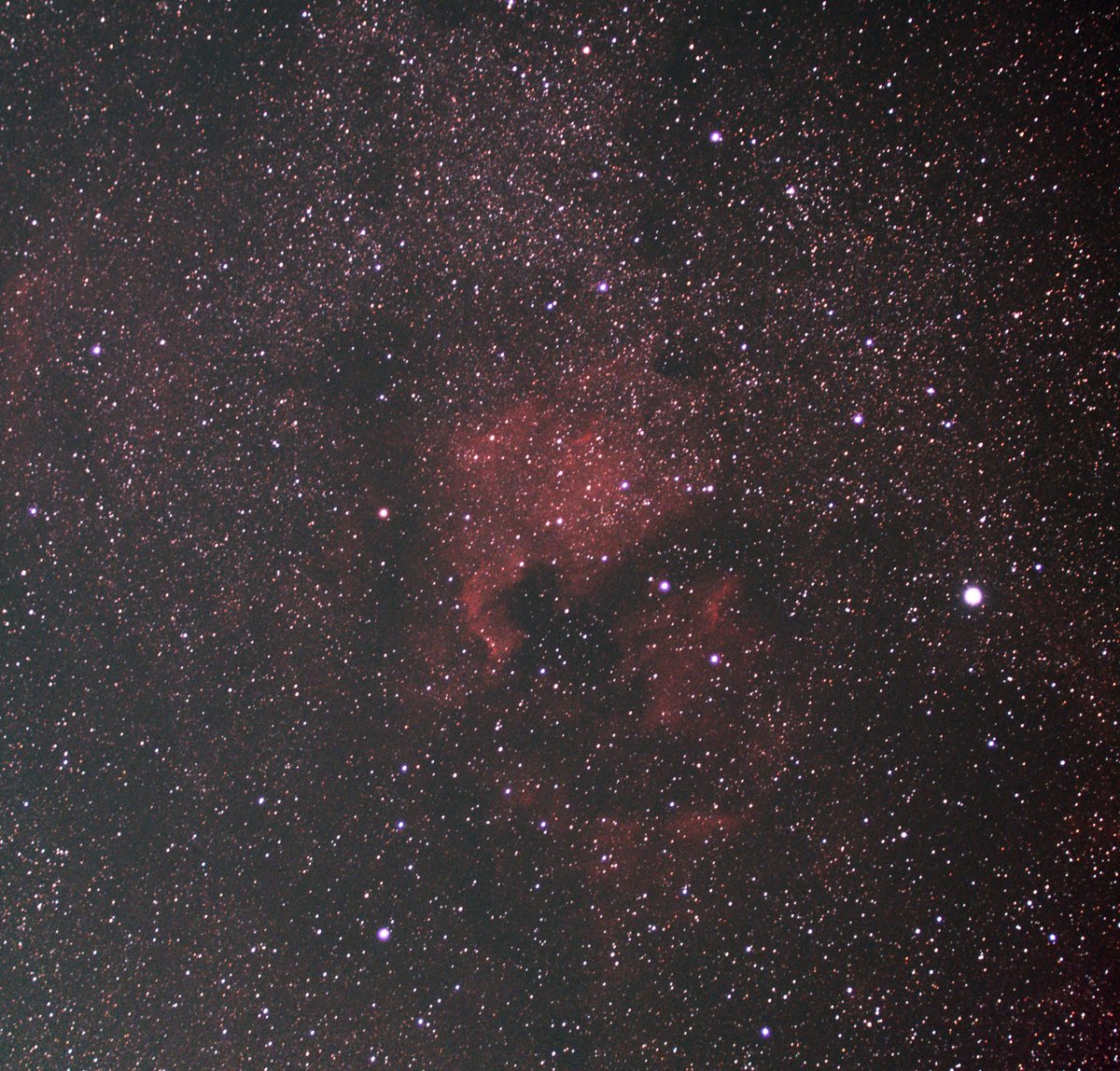 2023.07.21
先ほど午後11時すぎに撮影した北アメリカ星雲。ようやく四国も梅雨明けし、高松市中心街でも快晴なので相変わらずの星のターゲットにして新機材を試しています。#NGC7000
（EOS70-200㍉＋ASI 533MC、70㍉で60秒×30フレームのライブスタック）