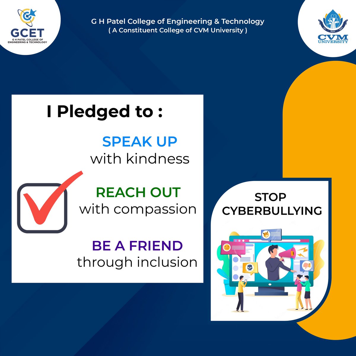 GCET_Official's tweet photo. United against the cyber bullying: Together We Rise, Together We Stand💪🏻🫵🏻 #gcetians taking the cyber bullying pledge for empowering kindness and erasing hate.

#stopbullying #harrassment 
#cyberbullying #cvm #cvmuniversity #greengcet #gcet #gcet_official #gcetians #education https://t.co/ou5CUYislm