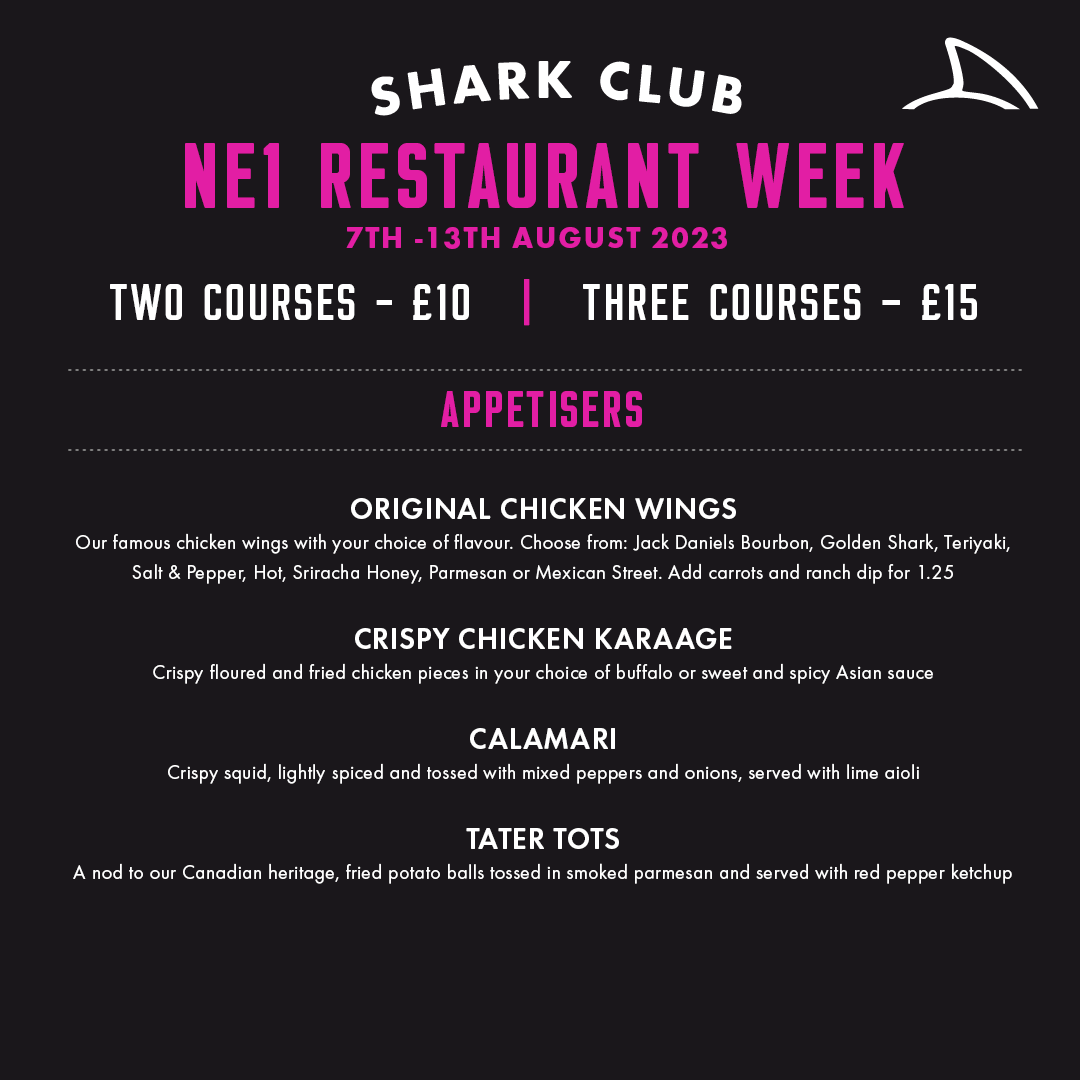 SharkClubUK's tweet photo. The countdown to @NewcastleNE1 's Restaurant Week is on. ⏰

From 7th - 13th August, enjoy two or three courses of some of our Shark Club classics, for less!

Book your table here - https://t.co/VZBXYNsG3q https://t.co/ICRBEVuHSE