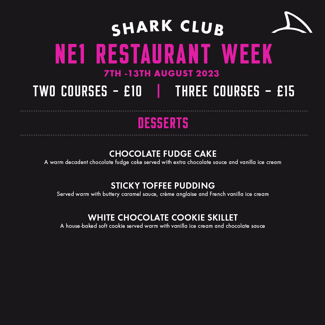 SharkClubUK's tweet photo. The countdown to @NewcastleNE1 's Restaurant Week is on. ⏰

From 7th - 13th August, enjoy two or three courses of some of our Shark Club classics, for less!

Book your table here - https://t.co/VZBXYNsG3q https://t.co/ICRBEVuHSE