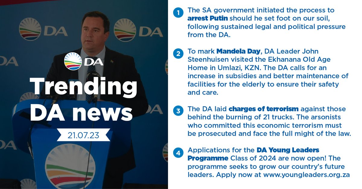 🗞This week for #MandelaDay DA Leader visited Ekhanana Old Age Home. The DA calls for better maintenance of facilities for the elderly. For our young leaders, applications for the 𝗗𝗔 𝗬𝗼𝘂𝗻𝗴 𝗟𝗲𝗮𝗱𝗲𝗿𝘀 𝗣𝗿𝗼𝗴𝗿𝗮𝗺𝗺𝗲 are NOW OPEN. Apply now at youngleaders.org.za