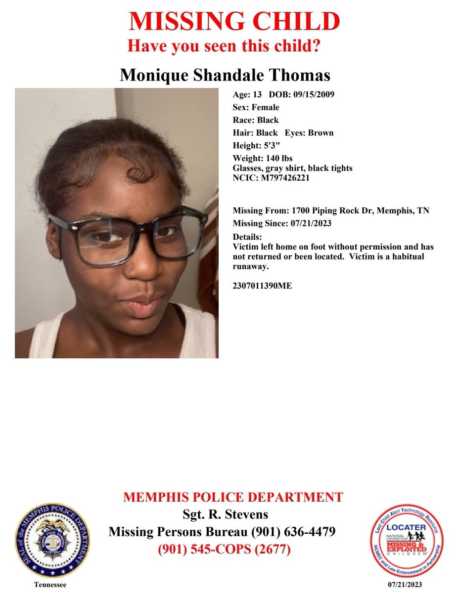 Have you seen Monique Thomas? 
Report #2307011390ME 

She left home without permission and has not returned.