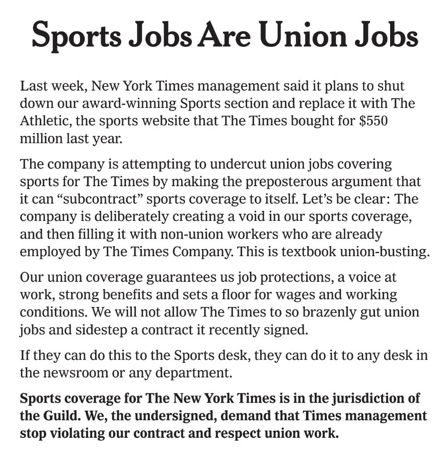 The @nytimes’s decision to replace our Sports section with nonunion employees sets a troubling precedent. More than 1,000 @NYTimesGuild, @WirecutterUnion + @NYTGuildTech members signed a petition demanding that Times management stop violating our contract and respect union work.